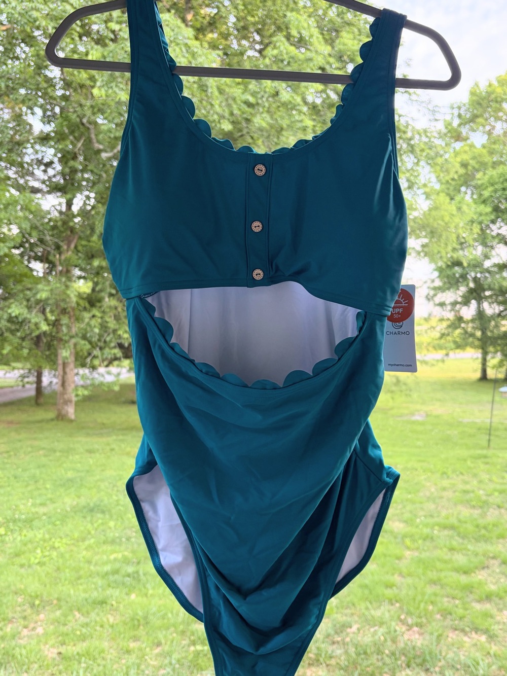 Charmo NWT L Scallop-Trim Teal Cutout One-Piece Swimsuit travel ocean yacht club
